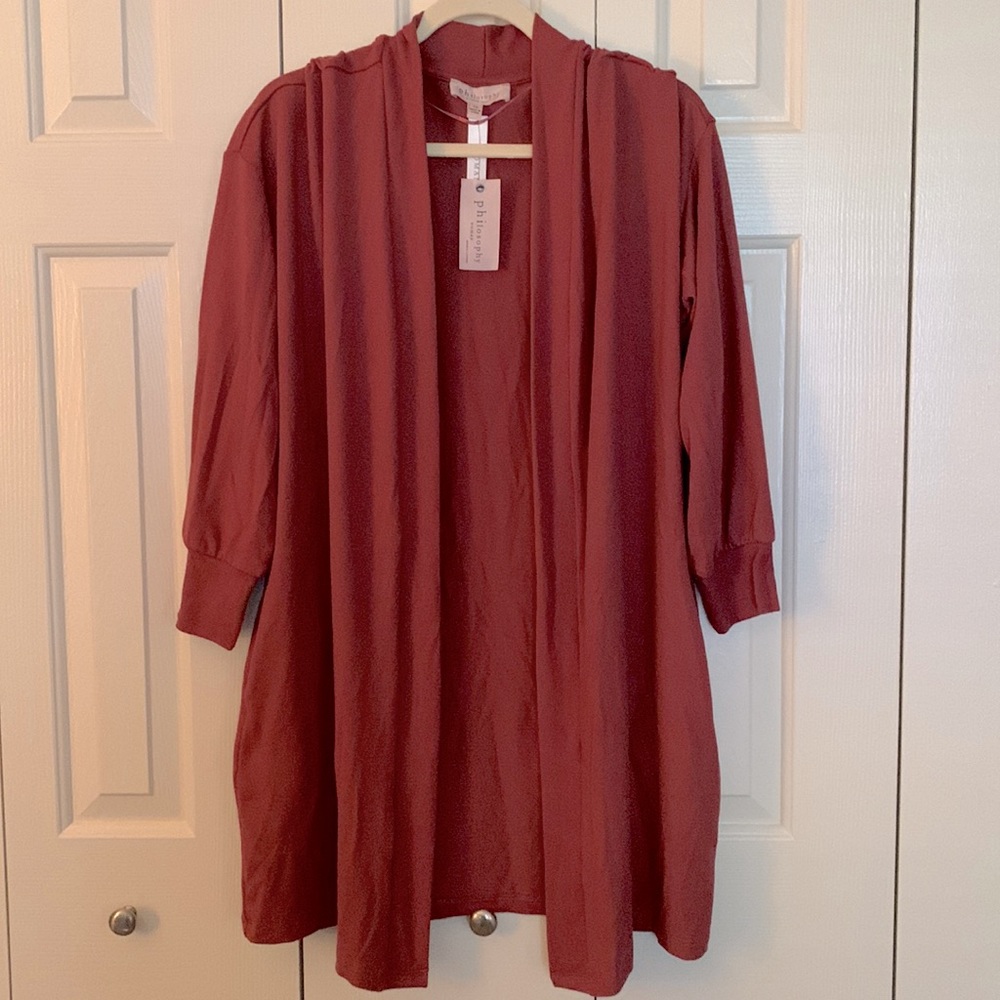 NWT Philosophy 3/4 Sleeve Mulberry Open Front Cardigan, Sz 1x